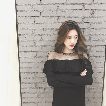 波點網紗拼接長袖連衣裙女春季新款大碼高腰顯瘦荷葉邊A字裙中裙1入