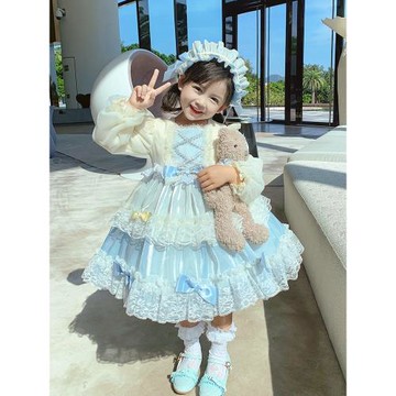 熱銷爆款女童洛麗塔公主裙帶頭飾藍色連衣裙夏季甜美風裙子禮服