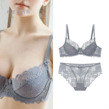 大胸顯小超薄款文胸性感蕾絲胸罩調整型無海綿內衣套裝女夏季新款