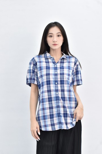 【加購優惠】(L) lativ 棉質純棉格紋短袖藍色襯衫上衣