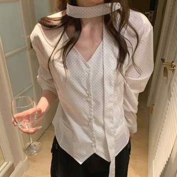 正韓女上衣 波點長袖襯衫FOM1082-創翊韓都