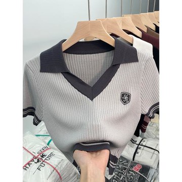 獨特港味chic甜辣妹短款v領針織polo衫上衣設計感小眾短袖t恤女夏