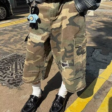美式復古破洞補丁迷彩七分牛仔褲26春夏寬鬆顯瘦休閒闊腿中褲0711