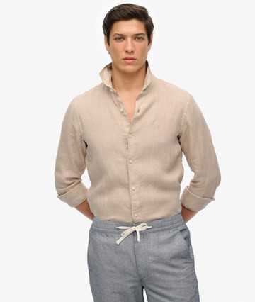 Superdry Men's Embroidered Vacation Linen Shirt Beige Size: M