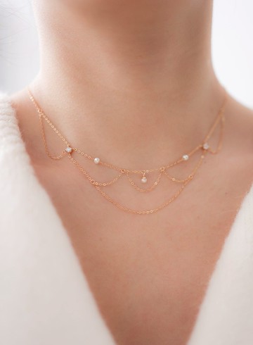 純銀珍珠 蕾絲 頸鏈 金色