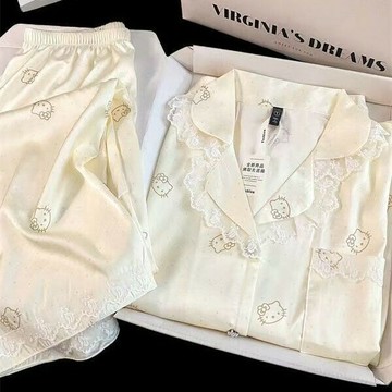 精選公主風HelloKitty睡衣女夏季蕾絲花邊家居服套裝ins長袖長褲套裝
