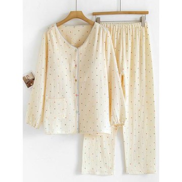 帶胸墊睡衣女春秋夏季薄款V領純棉長袖防凸點100全棉家居服套裝