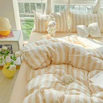 【臺灣出貨 免運】奶油風簡約條紋牀上四件套雲朵棉被套150x180x200牀單學生三件套