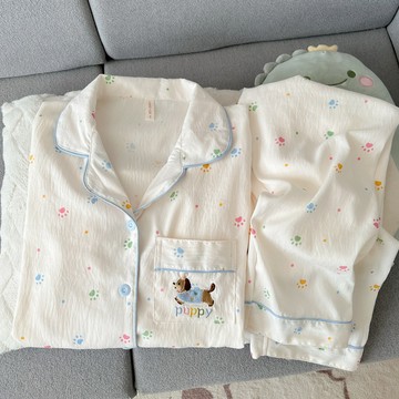 可愛小狗雲朵棉睡衣 春秋季長袖長褲居家服套裝 女生睡衣 學生睡衣 韓版睡衣 休閒家居服 開扣睡衣 睡褲兩件套