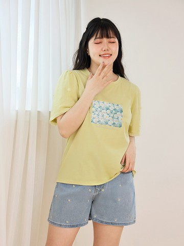 棉質彈力小白花刺繡A字牛仔短褲
