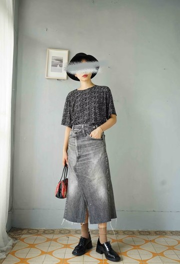 Restyle改造古著-Levis 505經典橘標水洗灰黑不對稱開衩牛仔長裙