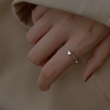 925純銀愛心鏈條戒指女小眾設計食指戒可調節時尚個性冷淡風飾品