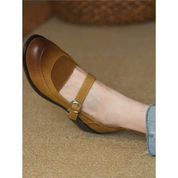 圓頭淺口瑪麗珍單鞋女中跟2025春季新款一字扣帶復古粗跟小皮鞋女