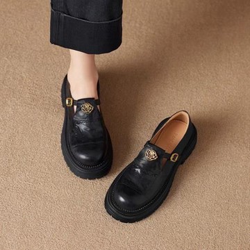 真皮英倫厚底樂福鞋秋季新款通勤山茶花小皮鞋女復古圓頭增高單鞋