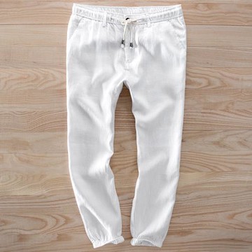 夏季男亞麻休閑褲寬松直筒青年便單褲松緊腰系繩小腳褲親膚九分褲