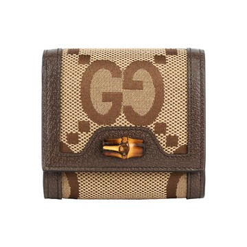 GUCCI Diana 竹節系列緹花布及皮革二折短夾(棕色)