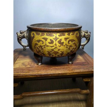 老件紫銅鎏金宣字款高10*24*13.5公分2.2公斤二龍戲珠香爐擺件