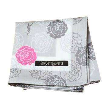 YSL Yves Saint Laurent 繽紛玫瑰圖騰字母LOGO帕領巾(灰系/51CM)