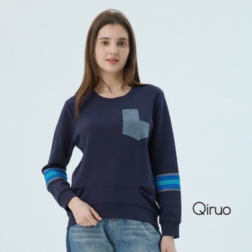 Qiruo 奇若秋冬專櫃藍色長袖上衣7227A小圓領設計