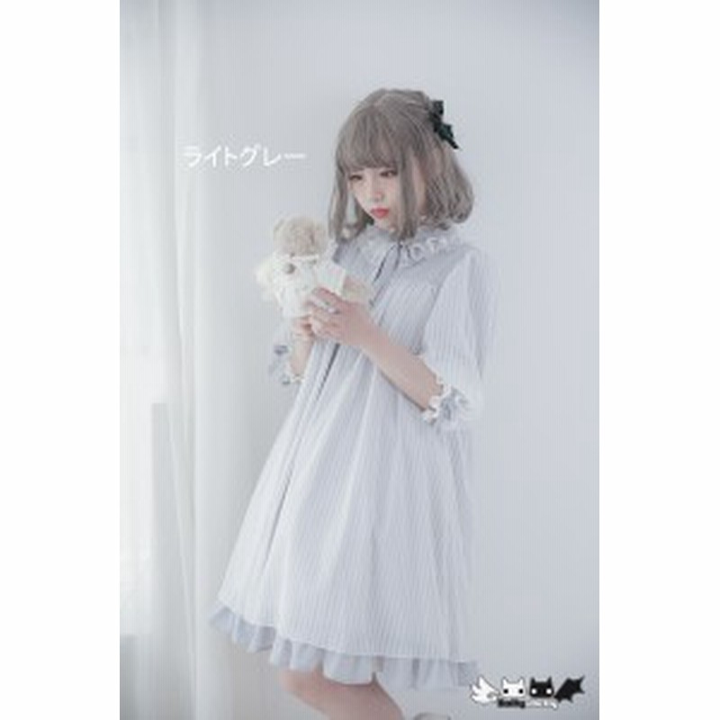 Dolly Delly ロリータ ドールワンピース 半袖 ダブルフリルカラー リボン スモッグ 膝丈 Aライン ストライプ 通販 Lineポイント最大1 0 Get Lineショッピング