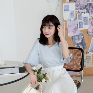 獨家訂製！V領荷葉邊雪紡短袖上衣 EX25030451【現貨】