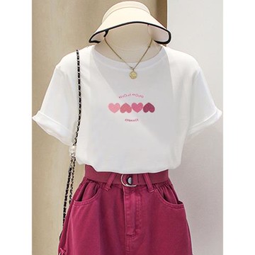 東大門愛心短袖t恤女薄款上衣2025夏季新款寬松正肩純棉洋氣體恤