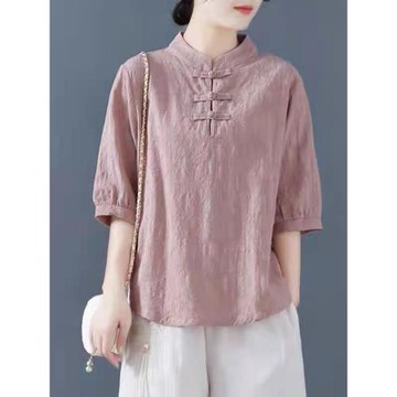 復古中國風禪意茶服大碼女裝印花長袖上衣胖mm顯瘦盤扣襯衫女春秋