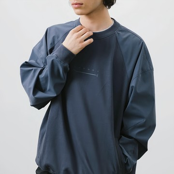 BOHRHOO 針梭 Sweat 拼接 尼龍 口袋 分割 大學Tee 長袖  M  霧藍