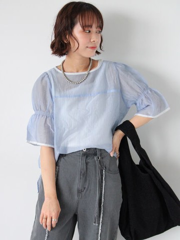 透明感配色滾邊喇叭袖襯衫(FF43L0A0680) - ehka sopo