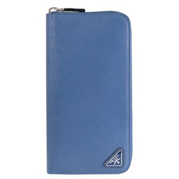 PRADA 三角LOGO防刮皮革寬版ㄇ字拉鍊長夾(天藍色)