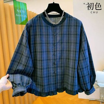 初色 韓系格子格紋圓領排扣寬鬆木耳邊長袖襯衫上衣女上衣-格子-19258(M-XL可選)