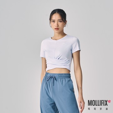 Mollifix 瑪莉菲絲 下擺交疊短袖上衣 (灰藍)、瑜珈服、瑜珈上衣、T恤、運動服