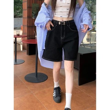 PPHOME時尚復古~經典百搭牛仔五分褲女高腰直筒闊腿褲休閑褲短褲
