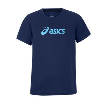 ASICS 男女兒童短袖T恤-台灣製 吸濕排汗 上衣 慢跑 童裝 亞瑟士 2034A799-401 丈青水藍
