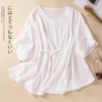 加肥加大碼棉麻襯衣女2024夏季新款寬松遮肚子顯瘦V領收腰娃娃衫