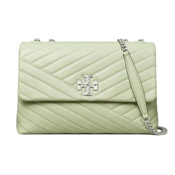 【TORY BURCH】縫線皮革翻蓋斜背鍊包-淺綠松霜