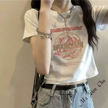 歐美山型圖騰短T【8614】春夏新款韓系INS休閒百搭復古短袖T恤 合身T 女生上衣 BonChu