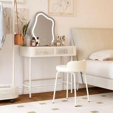 公司貨 附發票 免運 奶油風梳妝臺臥室簡約現代輕奢鋼化玻璃鐵藝主臥化妝桌網紅小戶型