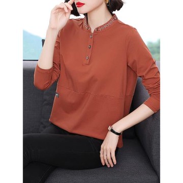媽媽立領上衣女寬松襯衫 純棉長袖t恤春秋裝新款中老年遮肚打底衫