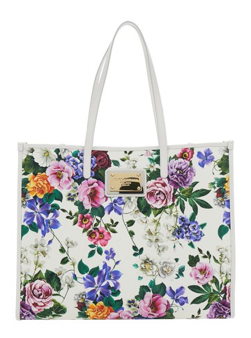 White Shopper With All-Over Floral Motif In Fabric Woman