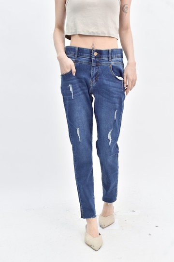 (L) fashion lejsure 藍色棉質鬆緊腰高腰牛仔長褲