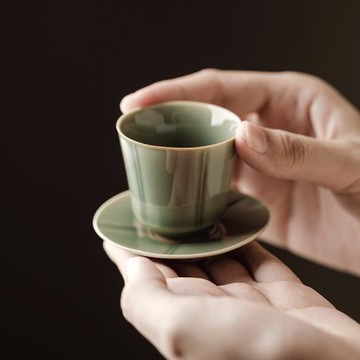 仿古越窯青瓷整套茶杯杯墊功夫茶具 復古風中式小號茶杯主人杯