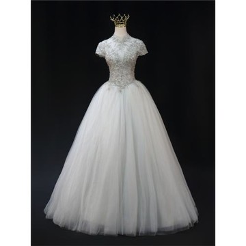 高端時尚銀色立領短袖晚禮服聲樂藝考演出服年會宴會主持人晚裝女