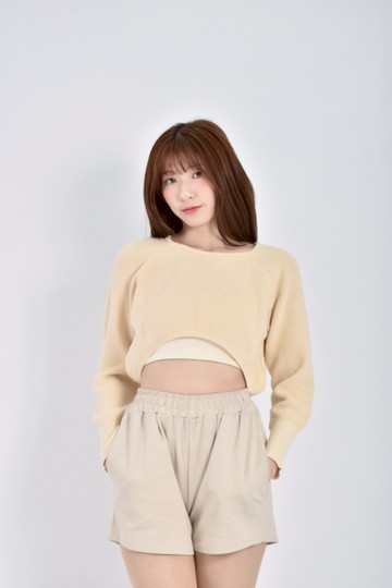 (L) 質感修身短版針織長袖杏色毛衣