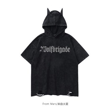 From Mars 花海里的信仰 十字形玫瑰印花破洞T恤寬松牛角連帽短袖