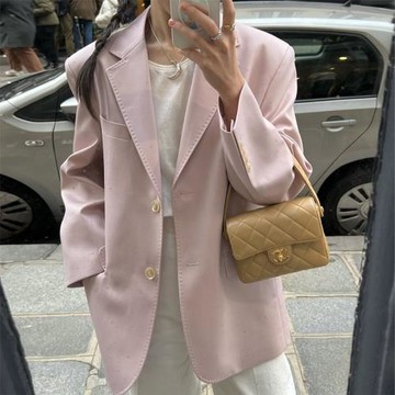 THEABLE粉休閑西裝外套女韓國廓形高級感職業黑色寬松西服女春裝