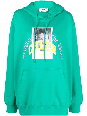 MSGM - graphic-print jersey cotton hoodie - women - Cotton - S - Green