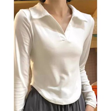 純欲風白色Polo領打底衫正肩長袖T恤女秋季韓版新款辣妹修身上衣
