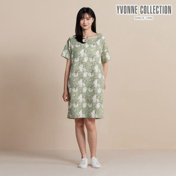 YVONNE 以旺傢飾 雙層棉印花短袖洋裝-草原綠