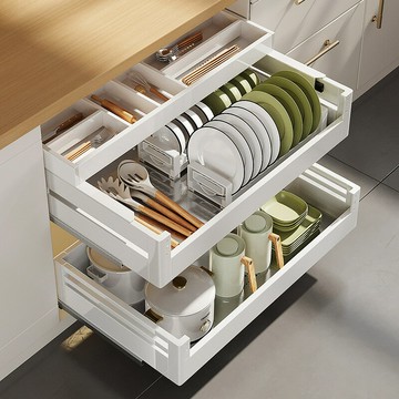 碗碟籃 櫥櫃白色拉籃廚房櫥柜雙層304不銹鋼內置拉藍軌道調味碗碟碗籃抽屜式